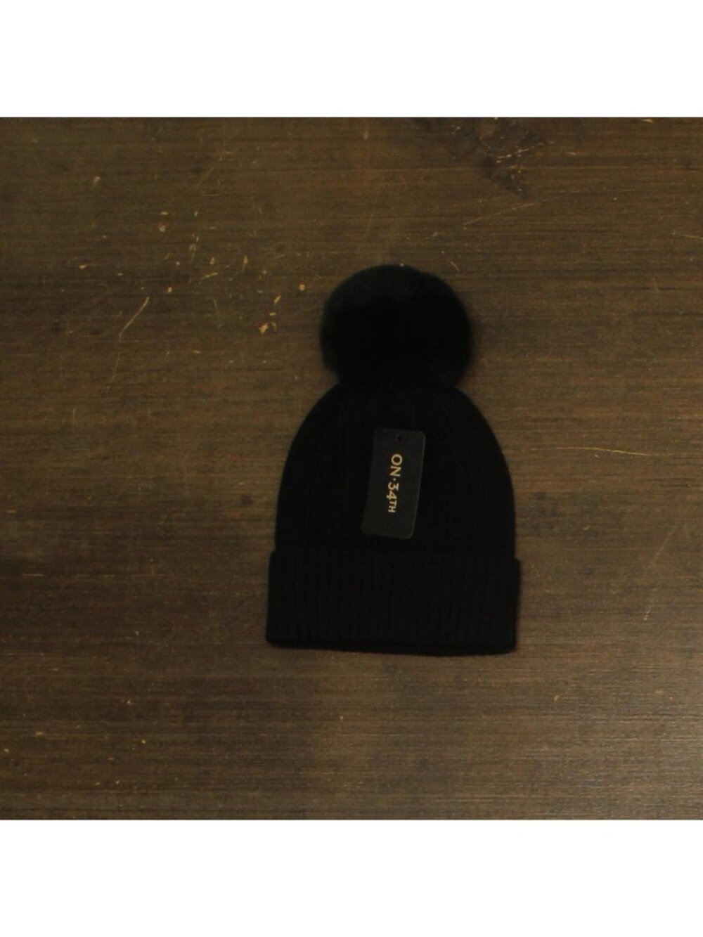 NEW On 34th Womens Rib-Knit Beanie Pom Pom Cuffed MO1542501 Black